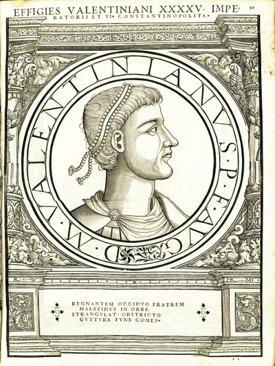 Valentiniano iunior, illustrazione da Imperatorum romanorum omnium orientalium et occidentalium verissimae imagines ex antiquis numismatis, xilografia di Rudolph Wyssenbach, stampata da Andreas Gesner, Zurigo da Hans Rudolf Manuel Deutsch